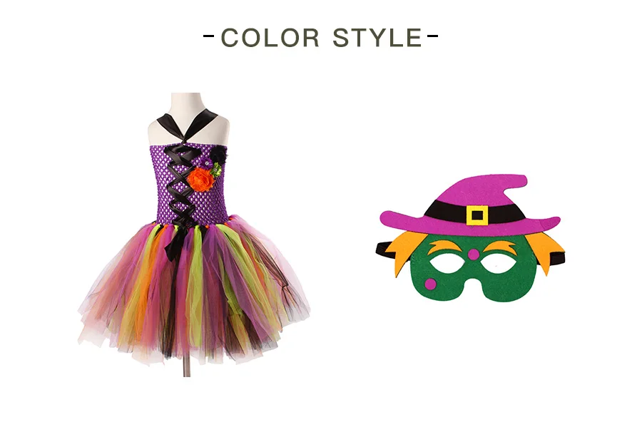 Girls Witch Tutu Dress with Mask Rainbow Style Kids Halloween Costumes Tulle Flower Baby Girl Fancy Carnival Party Tutu Dresses (3)