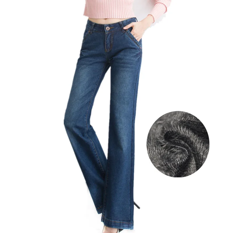 2018 зимние теплые плотные флисовые расклешенные джинсы для женщин середины талии синий широкие бархатные длинные брюки девочек Винтаж