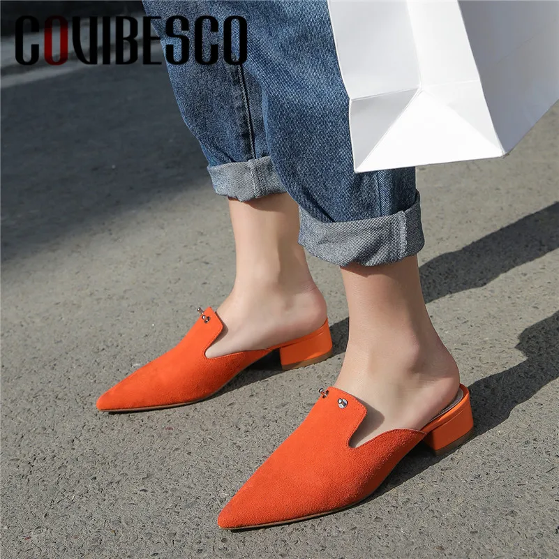 

COVIBESCO 2019 New Fashion Elegant Solid Pointed Toe Mules Single Shoes Woman Genuine Leather Women Pumps Casual Summer Shoes