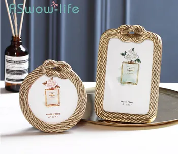 

Creative Resin Hemp Rope Photo Frame Retro Rectangular 6 Inch Photo Frames Round 4 Inch For Desktop Display Decoration