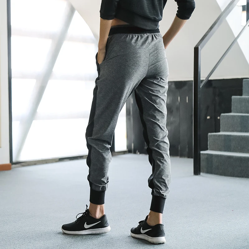 

U Women Sports Pants Cuff Patchwork Drawstring 2 Pockets Running Fitness Pants Elastic Trousers Bottom 4/5 Jogging Camping