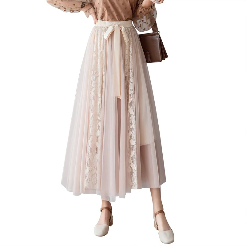 Элегантные кружевные длинные юбки из тюлевой ткани для женщин Высокая талия плиссированная макси юбка женская с бантом школьная юбка черный розовый синий