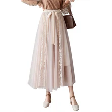 Элегантные кружевные длинные юбки из тюлевой ткани для женщин Высокая талия плиссированная макси юбка женская с бантом школьная юбка черный розовый синий