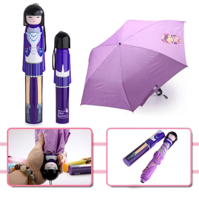 Novelty Kokeshi Doll Folding Umbrella Japanese Dolls Cute Bottle Folding Kimono Girl Traditional