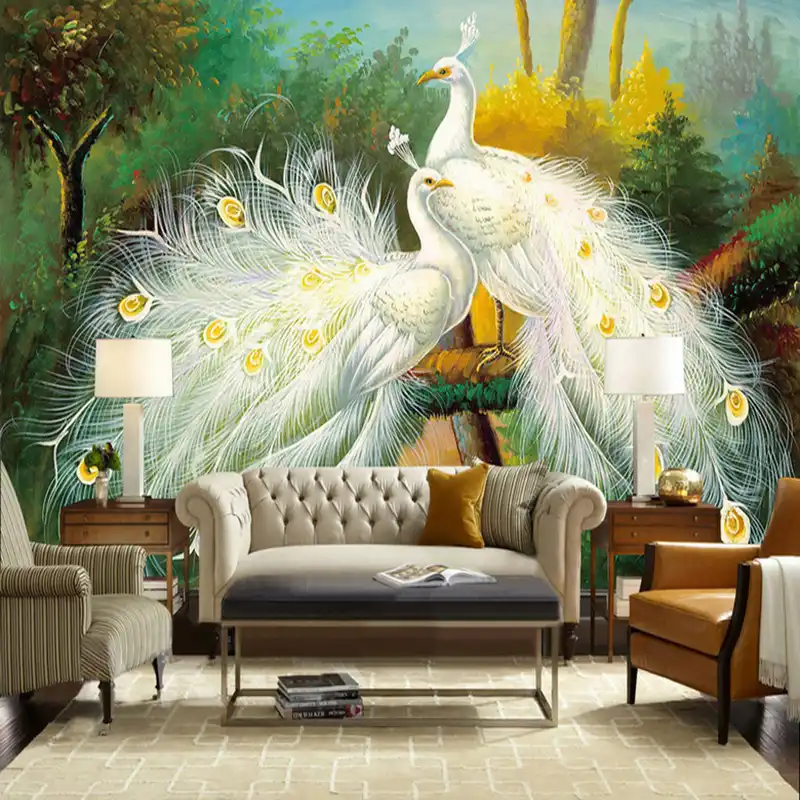 Custom 3D wallpaper, beautiful white peacock forest landscape 