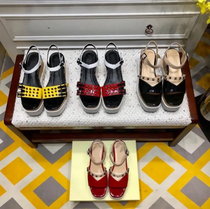 

2019 Real Leather Women Sandals High Heels Platform Wedges Sandals Shoes For Women Platform 0pen Toe Rivet Sandals Shoes
