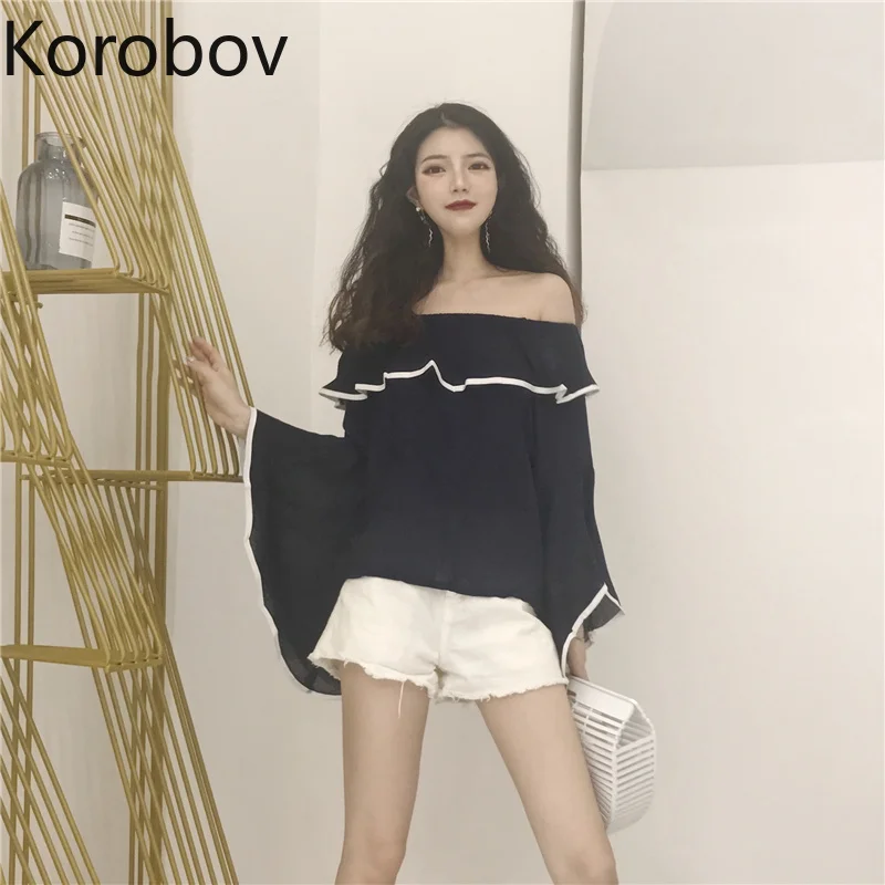 

Korobov Sexy Off Shoulder Panelled Patchwork Blouse Slash Neck Bohemian Female Shirts Flare Long Sleeve Chiffon Blusas 77474