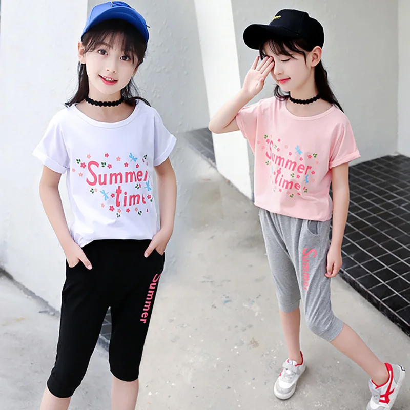 

Children's Summer Girls Short Sleeved T Shirt+ Haren Pants Sports Suit for Girls Sets 2-8 Ages Girl Kids Clothing Soft Cotton