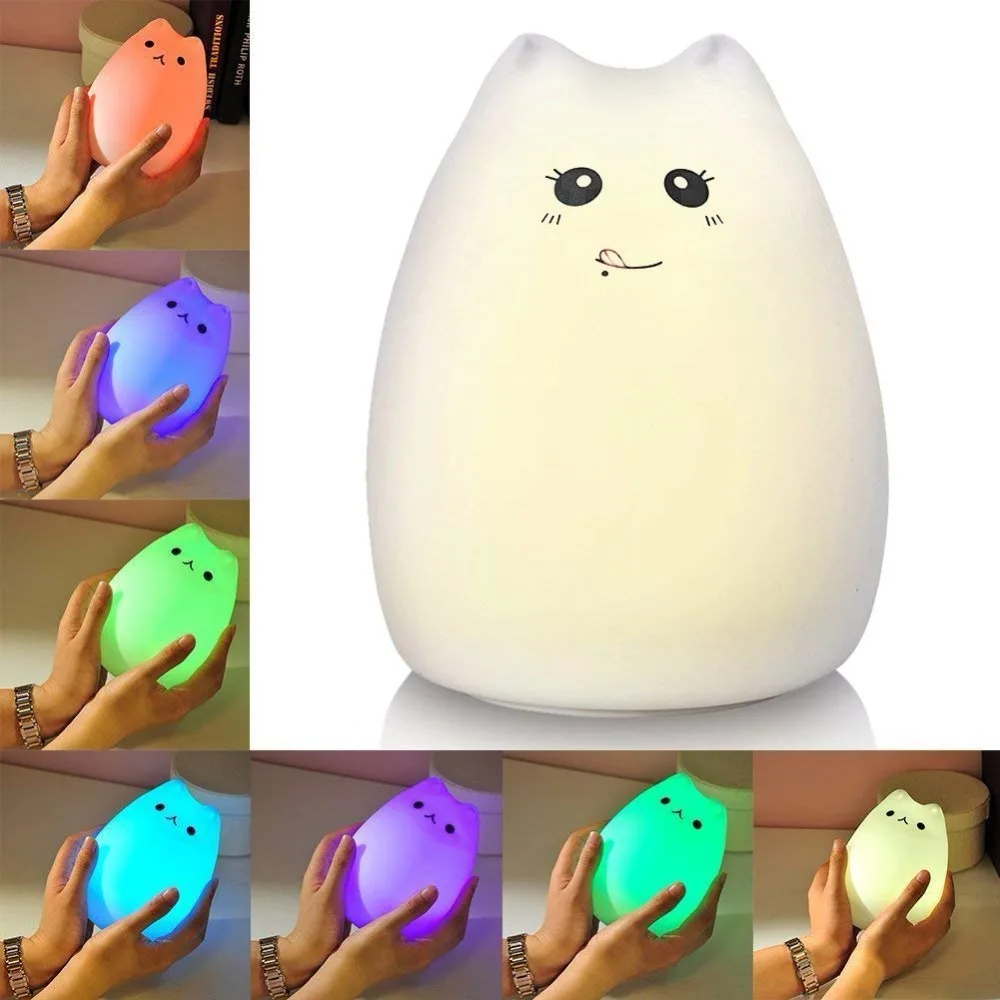 Night Lights for Kids Multi Color USB Rechargeable Silicone Soft Cat with Warm White and 7-Color Breathing mpdes | Освещение