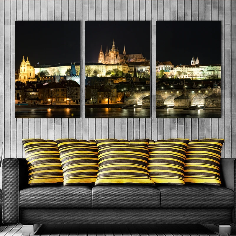 Night View of Prague Castle 3 Panels Wall Art Canvas Paintings Wall