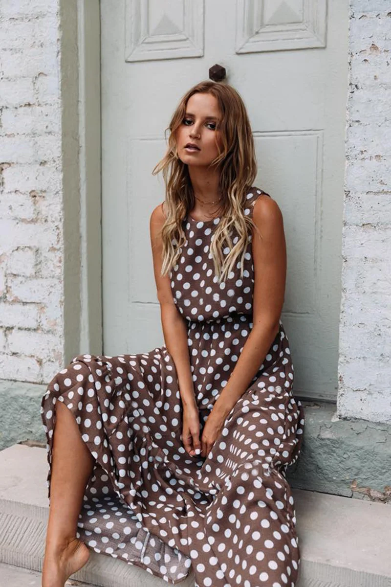 

2019 Maxi Polka Dots Dress Women Summer A Line Off the Shoulder Tunic Coffee Chiffon Elegant Long Retro Boho Dress