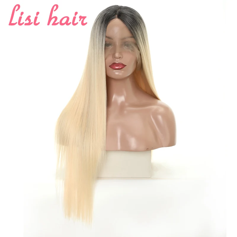 LISI HAIR 26 inches black golden Cyan Pink long Straight Synthetic Front Lace Wigs For Black Women African American hair