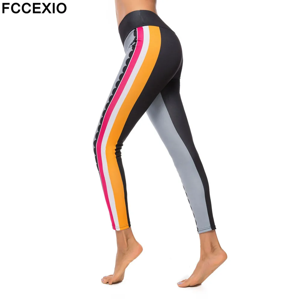 

FCCEXIO 2019 Women Color Stripe Printing High Waist Fitness Leggings Women Pants Patchwork Workout Legging Slim Jeggings