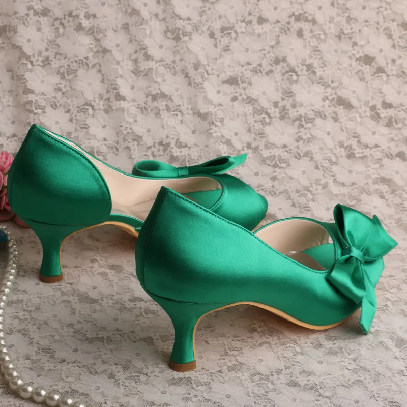 Свадебные вечерние туфли ручной работы на среднем каблуке с открытым носком; Цвет зеленый; женские атласные туфли на каблуке