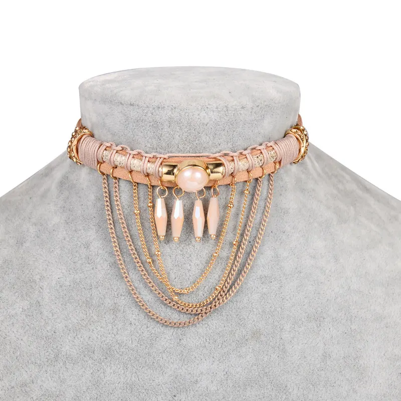 Bohemian Tassel Choker Necklace With Brown Leather Chain*