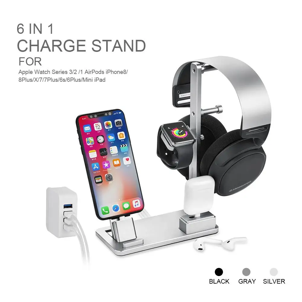 6 In 1 Apple Watch Stand Station Aluminum iWatch Charging Stand Dock Station Headphones Holder for Apple Watch Series 3 2 1 Ai