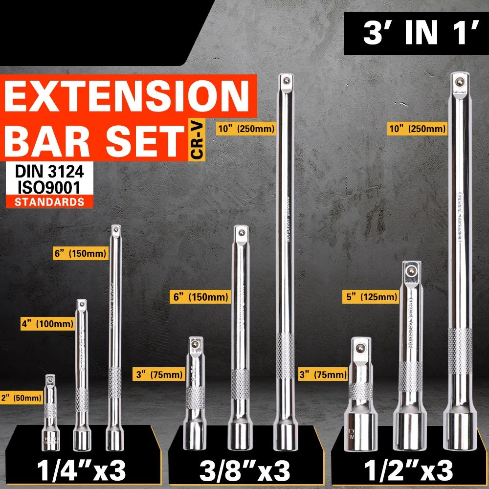 

SEDY 9Pcs 1/4 3/8 1/2 Sockets Wrenche Drive Extensions Extend Bars Set Ratchet Sockets Wrenches Hand Tool Set