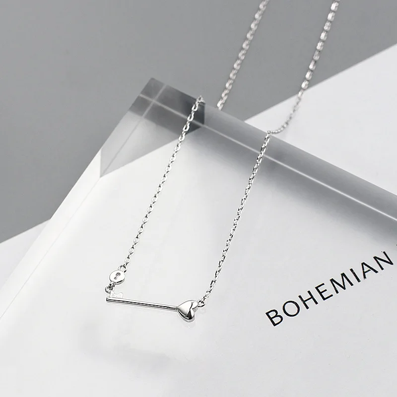 Qevila New arrival Fashion Necklaces Jewelry 925 Sterling Silver Heart Key Pendant Necklaces for Women Lady Chain Necklace Gift (3)