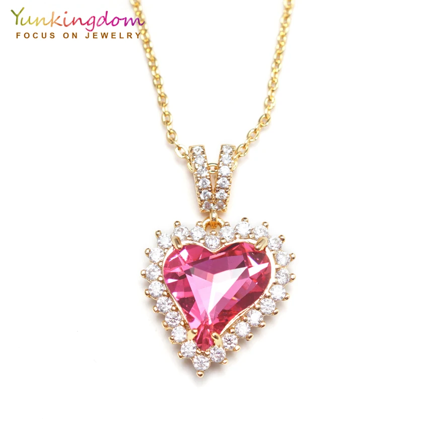 

Yunkingdom romantic popular necklaces & pendants for women rose red heart crystal cz yellow gold color chain fashion jewelry