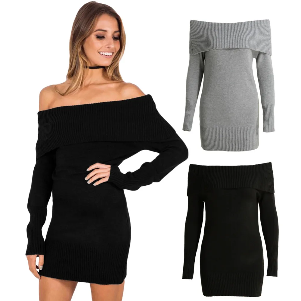 Winter off shoulder knitted bodycon dress Women long sleeve autumn sexy