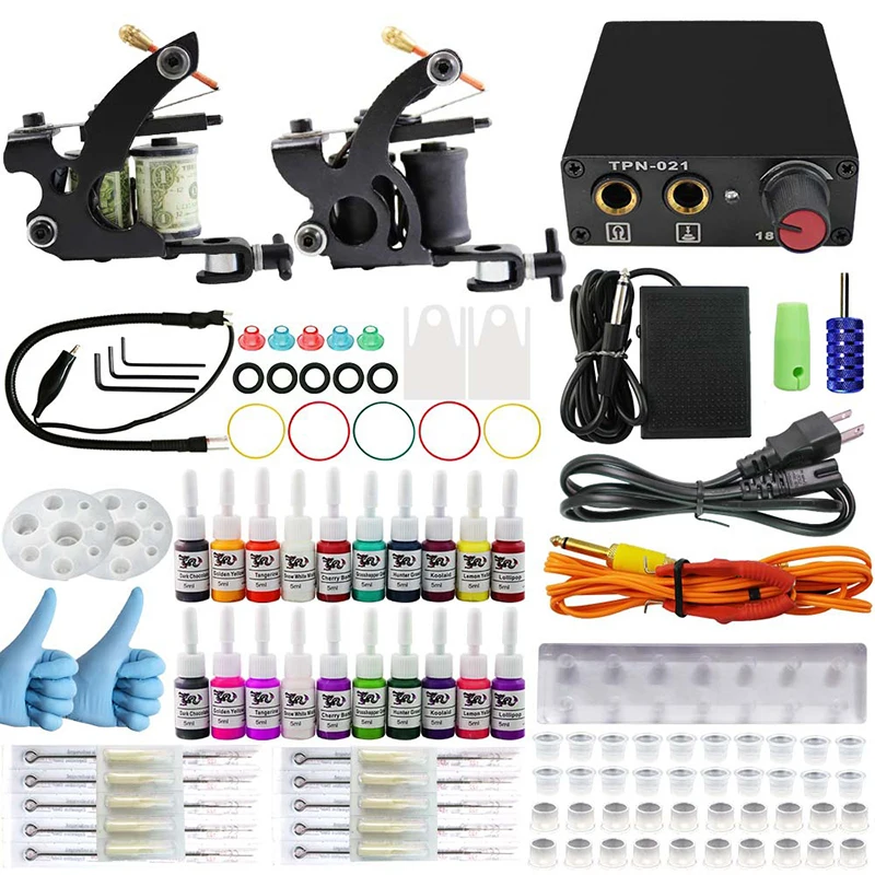 

Complete profession Tattoo kits 10 wrap coils 2 guns machine 54 tattoo ink set power supply disposable needle Foot pedal