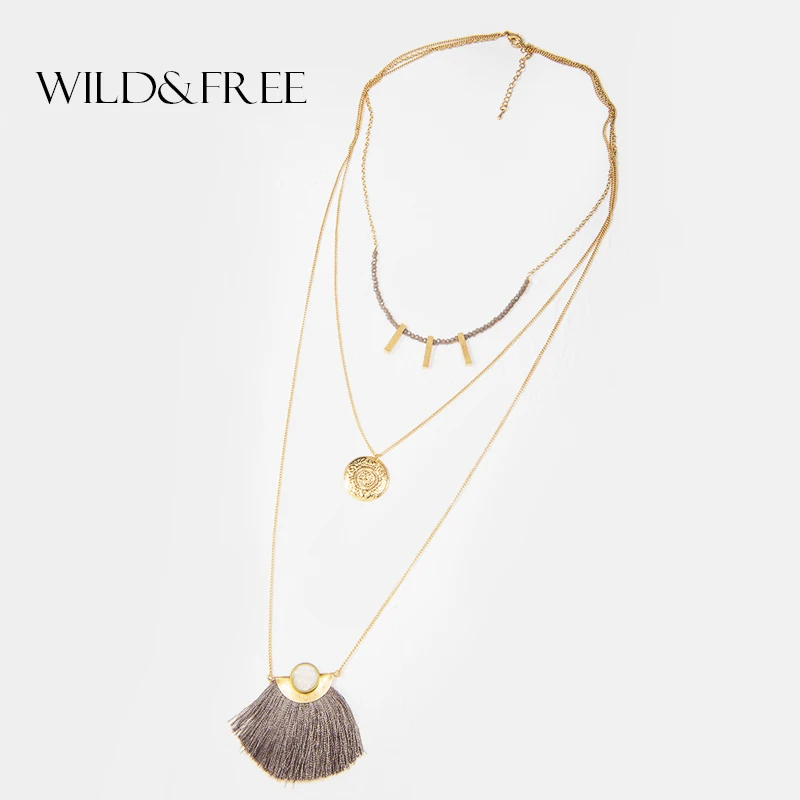 

Wild&Free New Bohemian Multi Layered Round Tassel Pendant Necklace 3 Layeres Matte Gold Link Red Gray Crystal Beads Necklaces