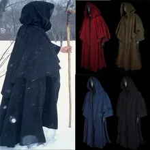 Vintage Unisex hombres mujeres capa medieval manga larga Hood Robe negro renacimiento Larp capa bruja, mago disfraz de fantasía-5XK