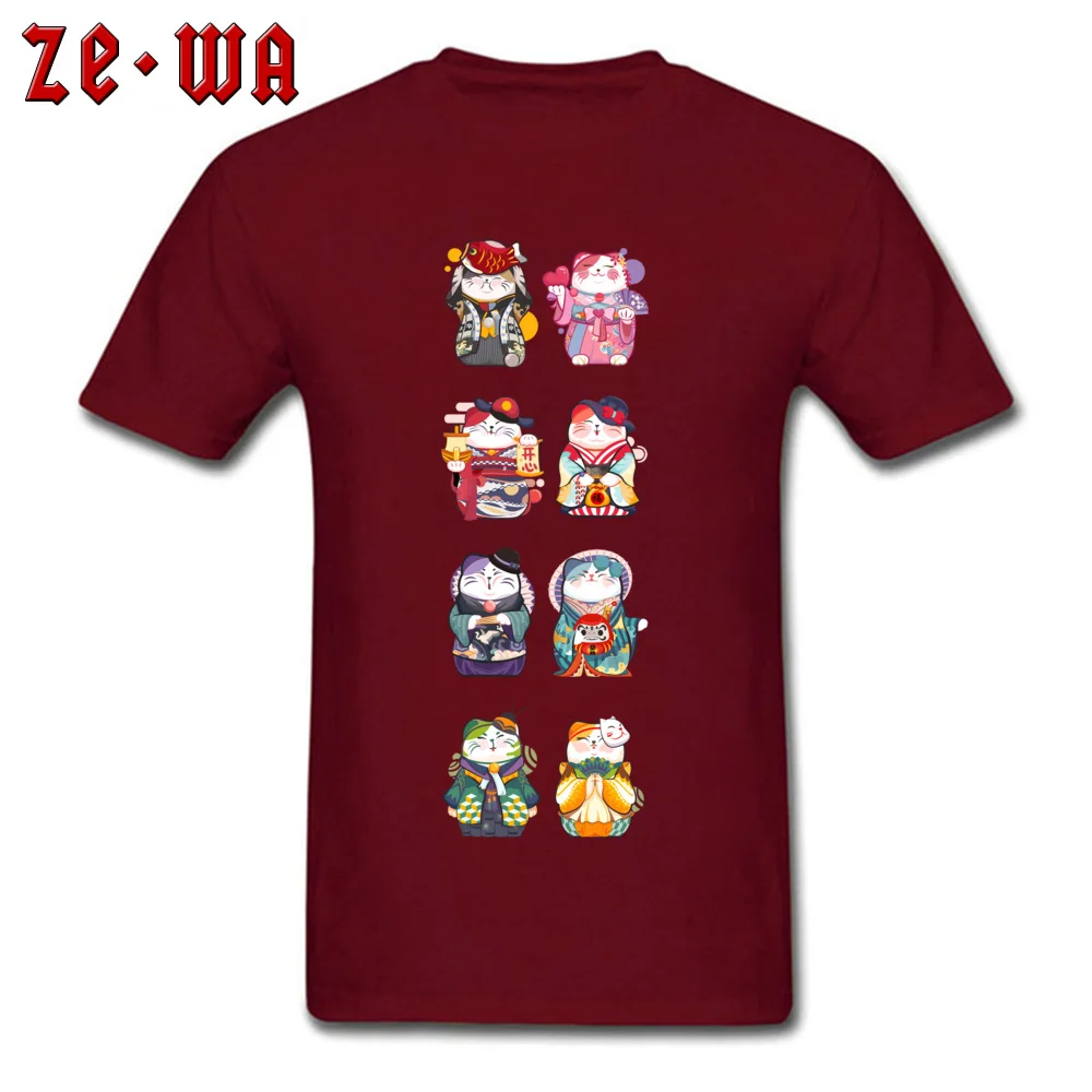 cat maneki neko cartoon Tops Shirt Fashionable Round Neck Street Short Sleeve 100% Cotton Men Tshirts comfortable T Shirts cat maneki neko cartoon maroon