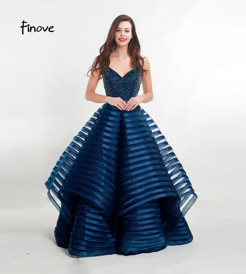 Finove, Новое поступление, вечерние платья,, простые, элегантные, бисерные, сексуальные, v-образный вырез, органза, вечерние платья, для торжественных случаев, женское платье - Цвет: Navy Blue