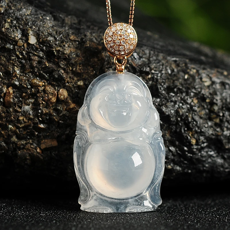 

Genuine 18K gold buckle ice white standing Buddha pendant Burmese jade ice Maitreya Buddha jade pendant delivery certificate