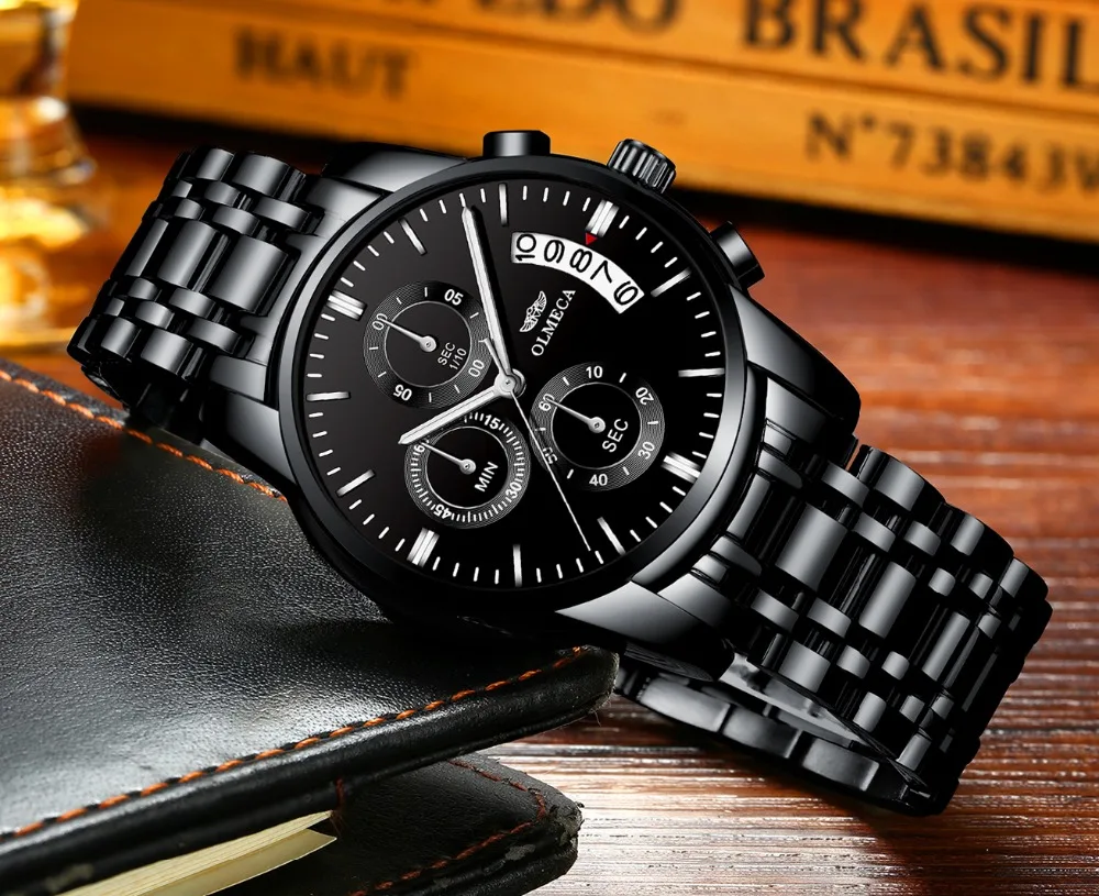 OLMECA Relogio Masculino Men Watch Luxury Watches 3ATM Waterproof Clock Chronograph Wristwatch Stainless Steel Band & Leather