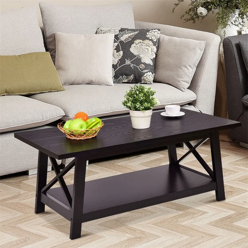 

Durable Rectangular Coffee Table with Storage Shelf Living Room Table HW55016