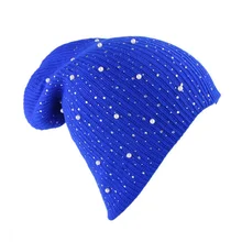 Синий, красный, серый, черный бини для женщин Peg Drill горный хрусталь вязаные шапки Милая шапочка Осенняя зимняя шапка для женщин