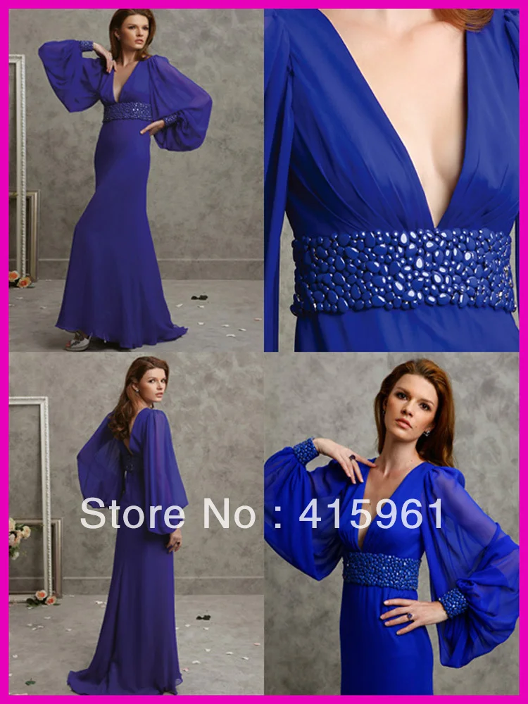 

Sexy Deep V Neck Diamond Long Sleeve Chiffon Prom Evening Dresses Dress E444