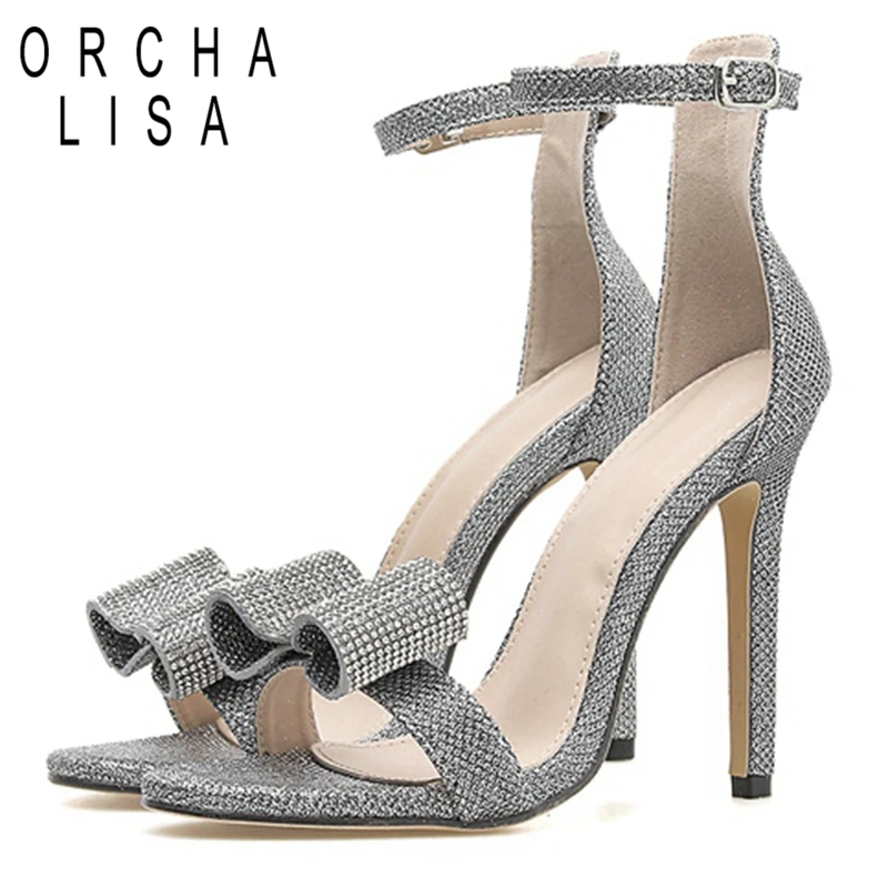 

ORCHA LISA Women's sandals High heel Thin heels Lady shoes Buckle Butterfly-knot Cover heel Glitter Sequined cloth Silver C1217