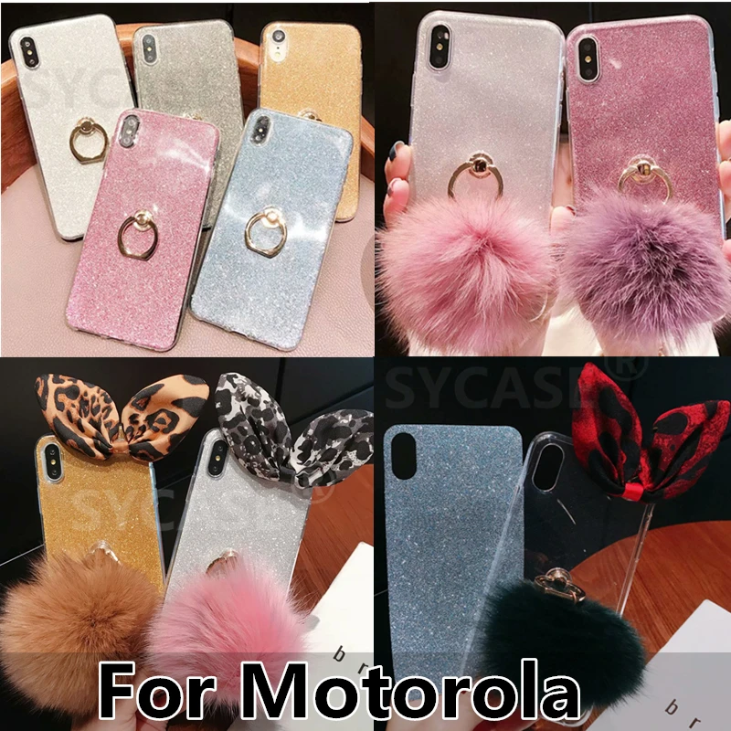SYCASE Glitter Paper Ring Bracket Case For Motorola G4 G5 G5s G6 E4 E5 Plus Hairball leopard bow Cover Moto Z3 Z2 Play One |