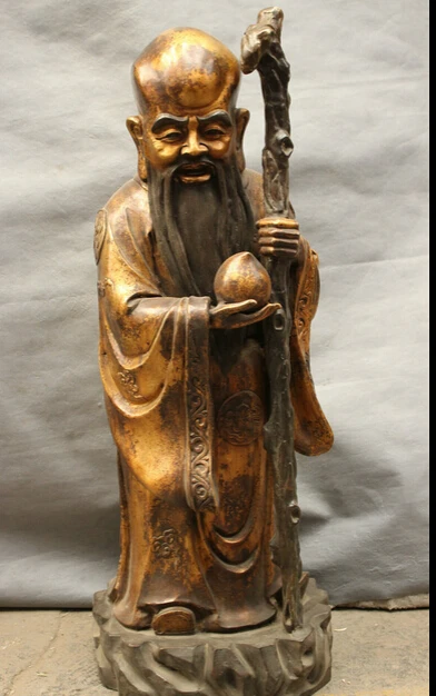 

JP S0606 32" Chinese Bronze Gilt Buddhism Peach Longevity God Shou Star Buddha Statue