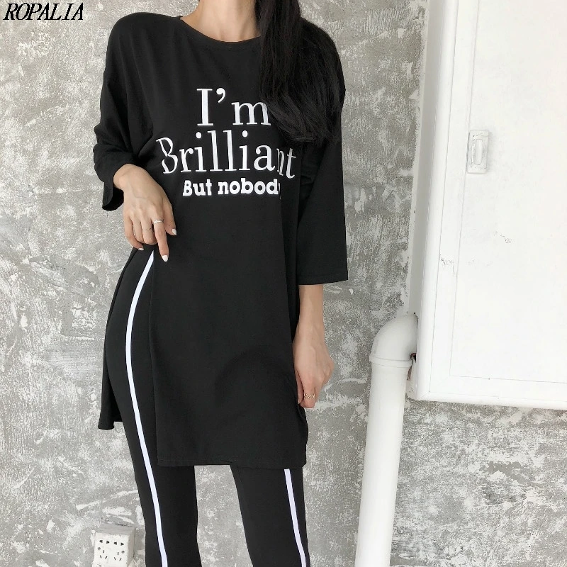 

Women 3/4 Sleeve O-Neck High Waist Letter Print Top And Ankle-Length Striped Pants 2 Pieces Set