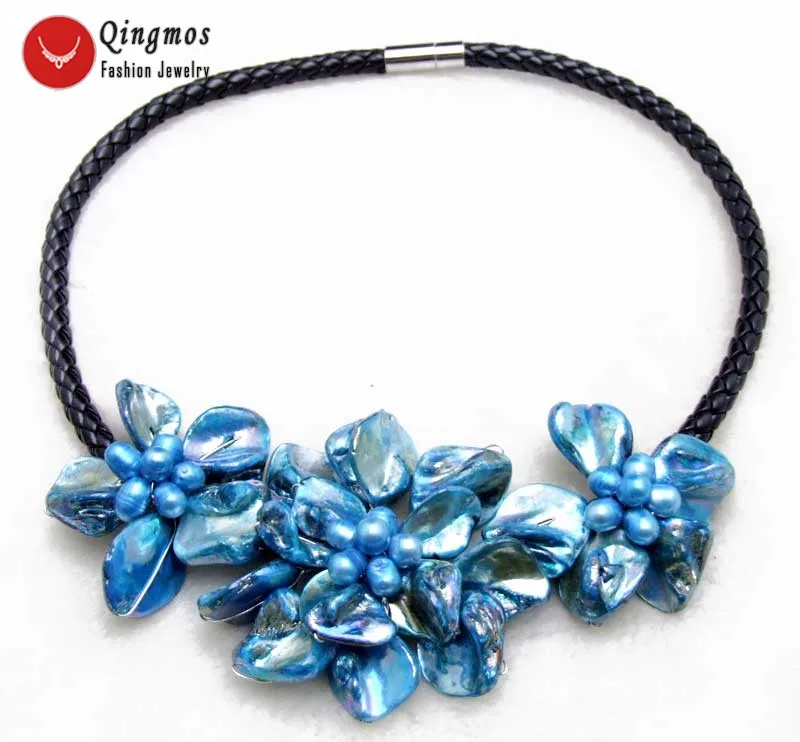 Qingmos Trendy Shell Flower Pendant Necklace for Women with 3 PCS Bright Blue Shell & Pearl Necklace Jewelry Chokers 18'' N6362