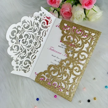 

100pcs Gold Glitter Laser Cut Pocket with Classic Invitations for Wedding Engagement Birthday Graduation Party Quinceanera