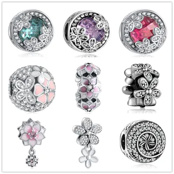 

YANXIZAO 925 Silver Flower series Shape Love Fit Pandora Bracelet Charms Beads DIY Bracelet Jewelry Mother's Day Gift