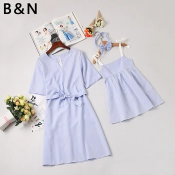 

B&N Stripe Mother (S-XL) Daughter Child(2-5T) Family Matching Dress Summer Sundress Cloth Stripe Mesh One Piece Short Sleeve