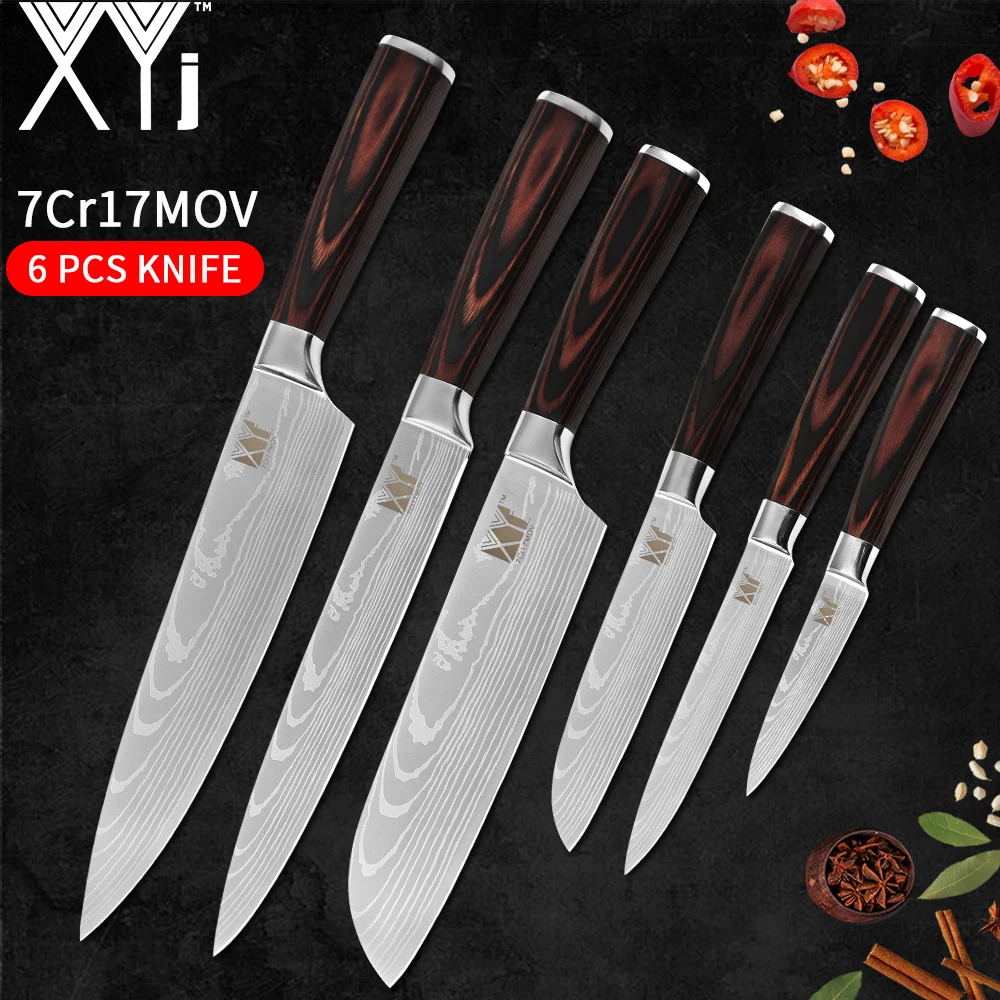 

XYj Stainless Steel Knives Set Kitchen Knife Damascus Chef Slicing Santoku Utility Fruit Knives Lightweight Color Wood Handle