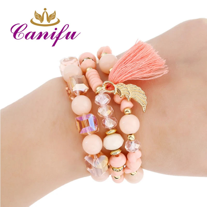 

Canifu 8mm 1 Set 3 pcs alloy lovely beads Bracelets Multilayer Wings tassels bracelet for women factory price Wholesale