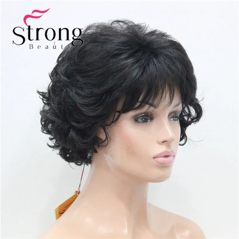 E-7125 #2New Wavy Curly Off Black Wig Short Synthetic Hair Full Women's Wigs For Everyday (2)