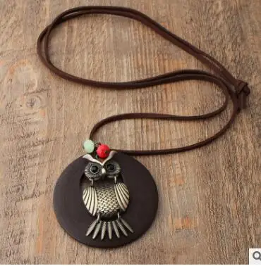 Круглая Деревянная подвеска ожерелье массивное хип-хоп ожерелье с совой Длинная цепочка для свитера женское ожерелье винтажное Ретро этническое ювелирное изделие макси - Окраска металла: black 2