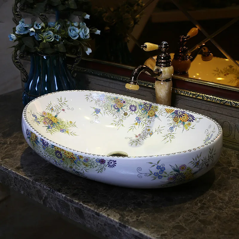 Porcelain China Classic Painting Art Countertop Ceramic Bathroom Sink