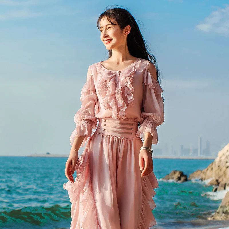 Free Shipping Boshow 2019 New Ruffles White Shirts For Women Three Quarter Sleeve Chiffon Blouses Tops S-L Spring And Autumn