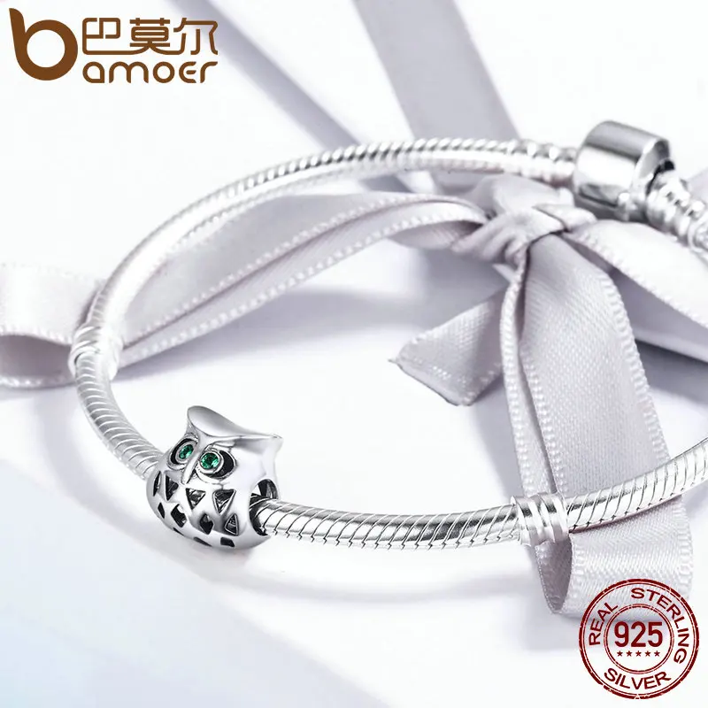 BAMOER New Arrival 925 Sterling Silver Lovely Owl Openwork Clear CZ Animal Charms fit Women Bracelets Jewelry Making SCC424