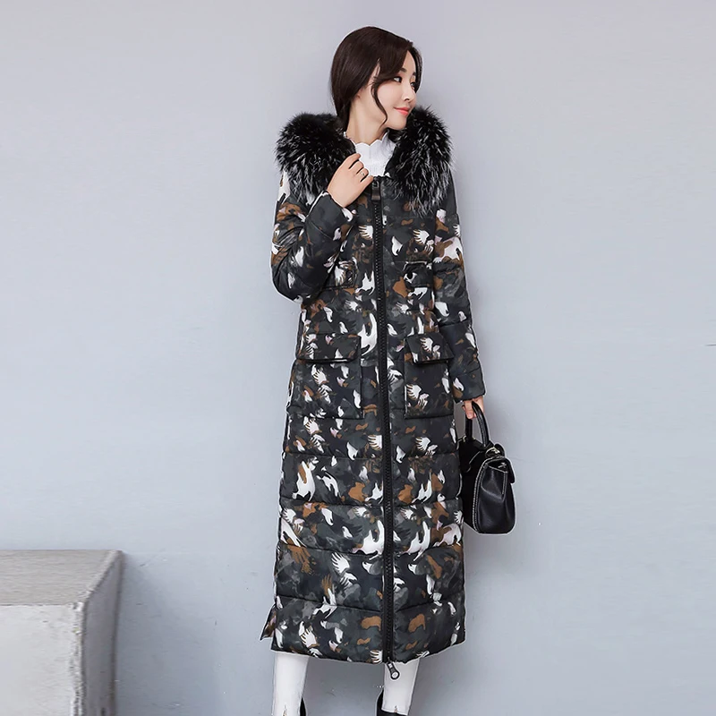 Высокое качество, женская зимняя куртка с меховым воротником и капюшоном, Женское пальто с хлопковой подкладкой, теплая плотная Женская парка X-long